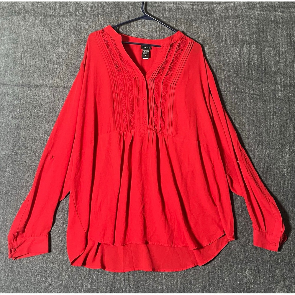 Torrid Womens 4 Red Lace V-Neck Long Sleeve Pleated Button Front Blouse